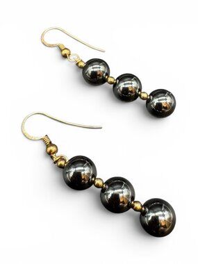Pierced Earrings Polished Hematite Beads Grey Black Shinny Dangling Hook